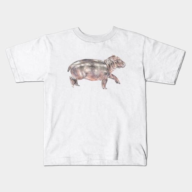 Watercolor Baby Tiptoeing Hippo Kids T-Shirt by wanderinglaur